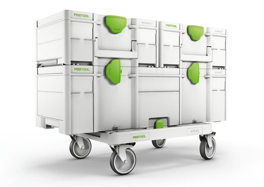 Festool Systainer³ SYS3 XXL 237 Stapelboxen mit grünen T-LOC Kupplungen auf Rollbrett gekoppelt