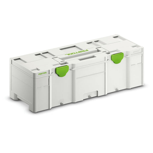 Festool Systainer³ SYS3 XXL 237 Lagerkiste mit grünen T-LOC Elementen und Tragegriffen für Werkzeugaufbewahrung