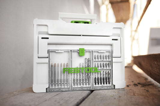 Festool Bitkassette BKS SYS3 100mm CE in Systainer mit CENTROTEC Bits und Magnethaftung geöffnet.