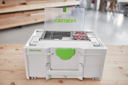 Festool Bohrerkassette BKS SYS3 D5-12 SDS geöffnet mit SDS-Plus Hammerbohrern und Dübeln in Systainer.