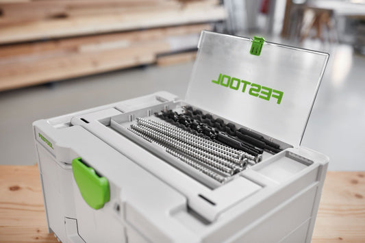 Festool Systainer³ SYS3 DF M 137 mit transparentem Deckelfach, geöffnet mit Schleifmitteln und Zubehör