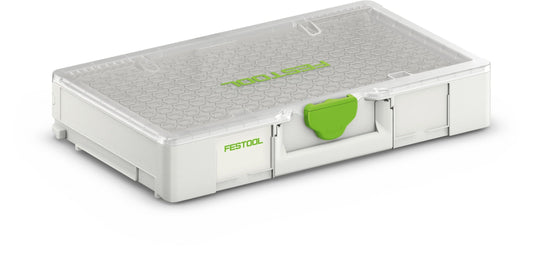 Festool Systainer³ Organizer SYS3 ORG L 89 weiß-grün mit transparentem Deckel und T-LOC Verschluss