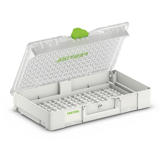 Festool Systainer³ Organizer SYS3 ORG L 89 mit transparentem Deckel und Kleinteile-Einsatzboxen, geöffnet.