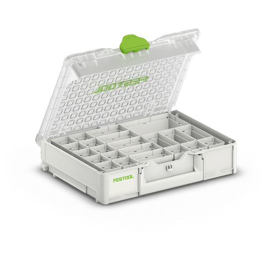 Festool Systainer³ Organizer SYS3 ORG M 89 mit transparentem Deckel und 22 Einsatzboxen, geöffnet zur Lagerung von
