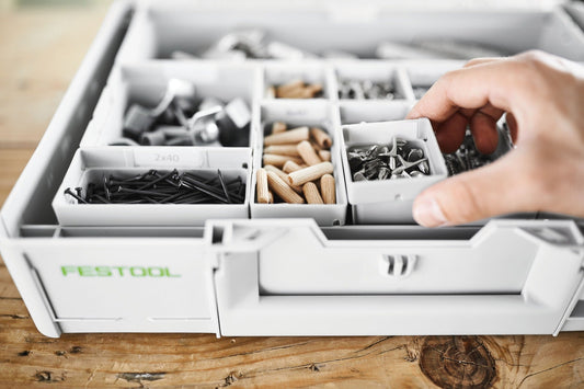 Festool Einsatzboxen Box 50x50x68/10 mit Nägeln, Dübeln und Schrauben sortiert in Kunststoffbehältern