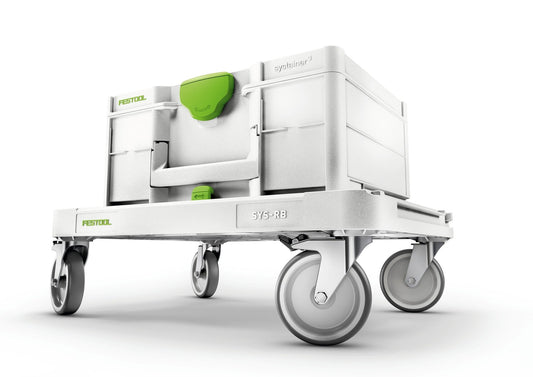 Festool Rollbrett SYS-RB mit vier Lenkrollen, grünen Bedienelementen und Griffen für Systemträger.