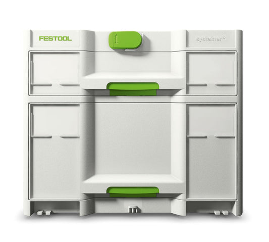 Festool Sortainer³ SYS3-SORT/2 M 337 Schubladen-Systainer mit zwei Frontschubladen und grünen Griffen, Frontansicht.