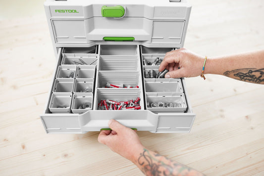 Festool Sortainer³ SYS3-SORT/3 M 337 offene Schubladen mit organisierten Kleinteilen und Schrauben