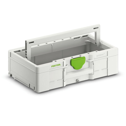 Festool Systainer³ ToolBox SYS3 TB L 137 mit offenem Deckel und einklappbarem Tragegriff, grüner Verschluss sichtbar.