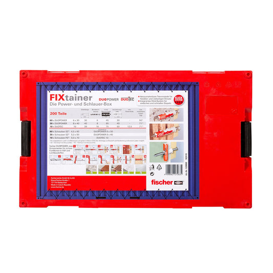 fischer FIXtainer DuoPower DuoTec 200-teilig Befestigungsset mit Dübeln, Schrauben und Haken in roter Sortimentsbox