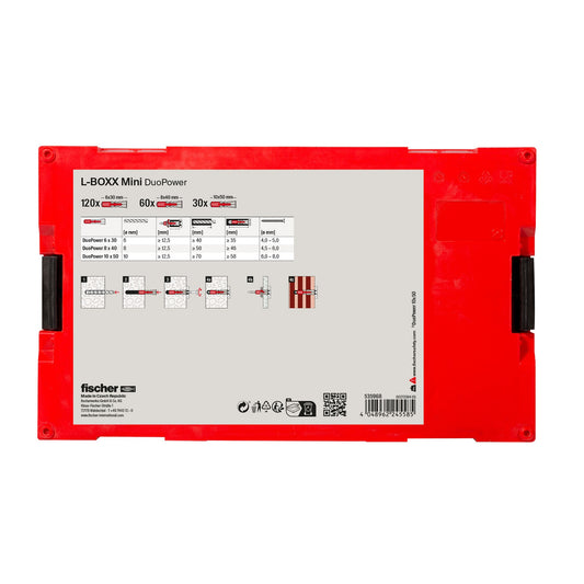 fischer L-BOXX mini DuoPower 210-teiliger Dübel-Sortimentskasten mit Übersicht der Befestigungstechnik