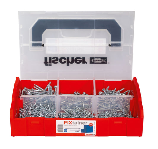 fischer FIXtainer PowerFast II SK Schraubenbox 702-teilig mit verzinkten Schrauben und ProfiBits, geöffnet.