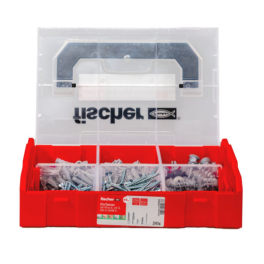 fischer FIXtainer 240-tlg. Sortierbox mit Dübeln, Schrauben und Befestigungsmaterial in rot mit transparentem Deckel