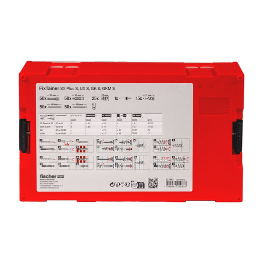 fischer FixTainer Sortierbox rot mit Dübelset UX, GK, SX, GKM Übersicht und Anleitung