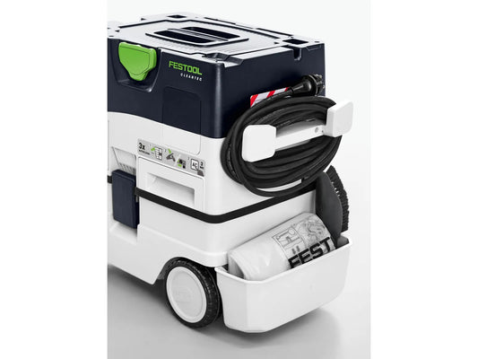 Festool Aufbewahrungsbox AB-CTC MINI/MIDI montiert am Absaugmobil mit Schläuchen und Zubehör.